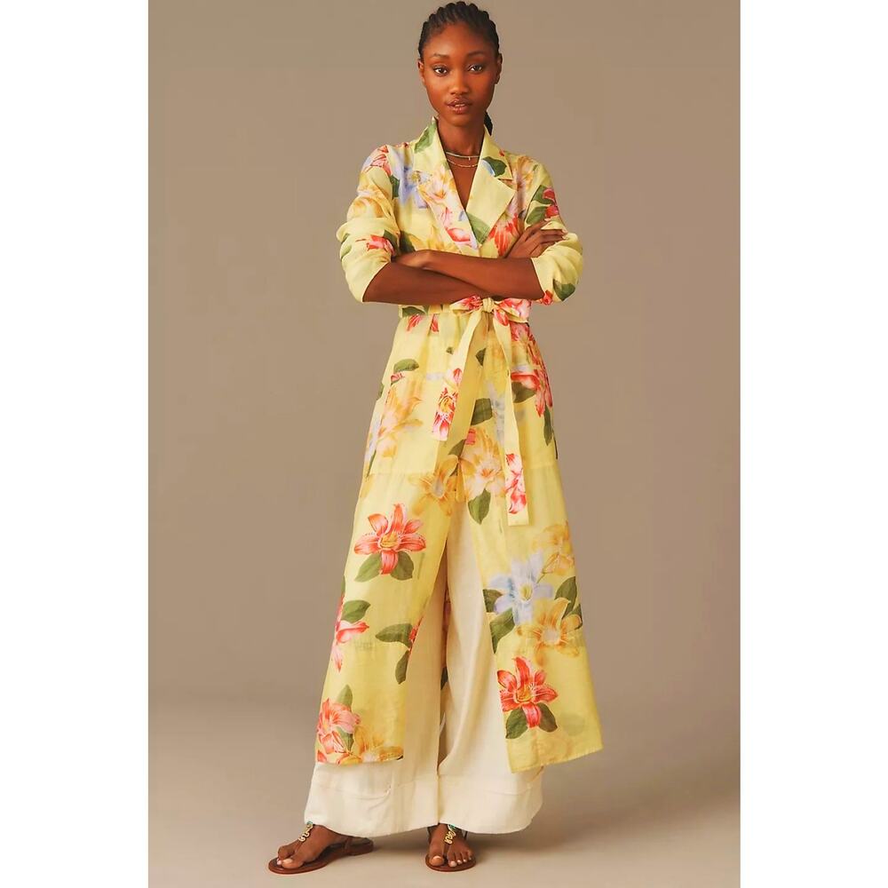 NWT Anthropologie Maeve Sheer Floral Printed Trench Coat $158 XXS Yellow